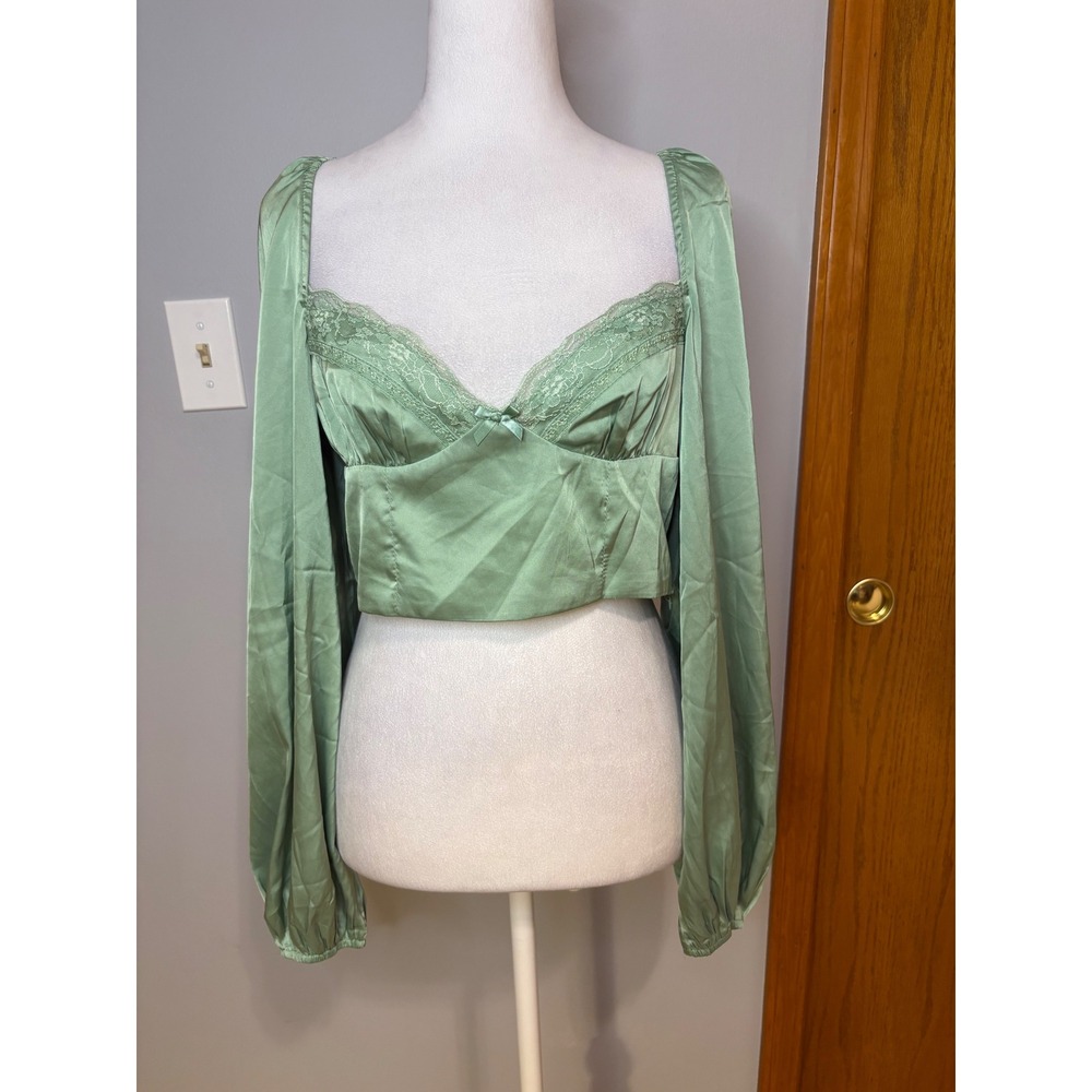 Princess Polly Sage Green Satin Lace Trim Long Sleeve Festival Crop Top US 8